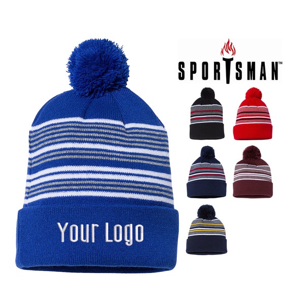 Sportsman - 12" Striped Pom-Pom Knit Beanie - SP60, Custom Beanies, Embroidery Beanies, Monogram Beanies, Business, Teams, Personalized.