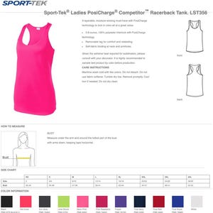 May include: A bright pink Sport-Tek LST356 racerback tank top made of 3.8-ounce 100% polyester interlock fabric. The product sheet displays front and back views, care instructions, a bust measurement guide, and a size chart with color options.