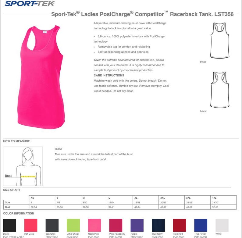 May include: A bright pink Sport-Tek LST356 racerback tank top made of 3.8-ounce 100% polyester interlock fabric. The product sheet displays front and back views, care instructions, a bust measurement guide, and a size chart with color options.
