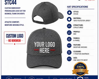 May include: A charcoal gray 6-panel structured snapback hat made of 100% polyester jersey with moisture-wicking features. The front displays the white embroidered text YOUR LOGO HERE with a red line. Includes a 7-position snapback closure.