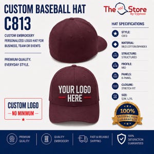 May include: A maroon baseball hat with a structured six-panel design and a stretch fit. The front features white embroidered text that reads YOUR LOGO HERE with two horizontal red lines. The hat is shown from both the front and back angles.