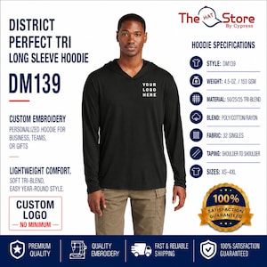 May include: A black long-sleeve hoodie featuring a hood and a placeholder for a logo on the chest. The garment is identified as District Perfect Tri style DM139, made of a 4.5-ounce tri-blend fabric consisting of polyester, cotton, and rayon.
