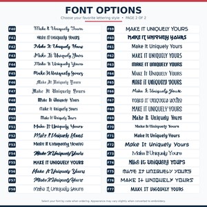 Puede incluir: Una tabla de dos columnas titulada FONT OPTIONS, PAGE 2 OF 2, que muestra 38 estilos de fuente negros distintos etiquetados de F40 a F77. Cada l&iacute;nea presenta la frase Make It Uniquely Yours en una tipograf&iacute;a diferente, desde cursiva a bloque.