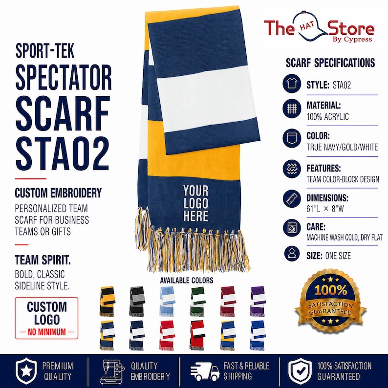 May include: A Sport-Tek Spectator Scarf STA02 featuring a color-block design in navy, gold, and white with fringe ends. The scarf displays the text YOUR LOGO HERE and measures 61 inches long by 8 inches wide. It is made of 100% acrylic material.