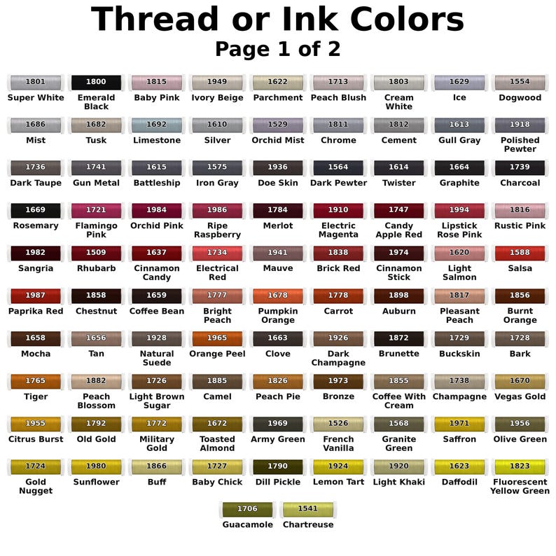 May include: A color chart titled Thread or Ink Colors Page 1 of 2, displaying a grid of rectangular swatches. Each swatch features a unique four-digit identification number and a specific color name, ranging from neutrals to vibrant hues.