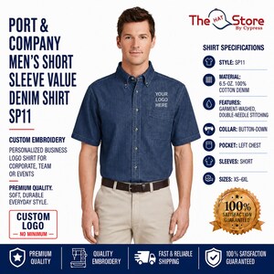 May include: A short-sleeve button-down denim shirt in a dark blue wash featuring a left chest pocket with space for a custom logo, a button-down collar, and double-needle stitching. The shirt is made of 6.5-ounce 100% cotton denim fabric.