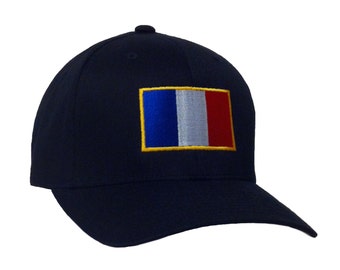 France Flag Embroidered Flexfit Cotton Blend Baseball Cap - French National Symbol Hat