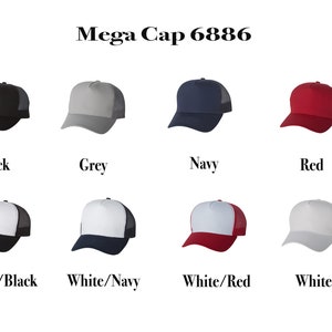 May include: A collection of Mega Cap 6886 baseball caps in eight colour variations: solid black, grey, navy, red, and white, plus white front panels with black, navy, or red brims and mesh backs. Each cap features a structured crown and a curved visor.