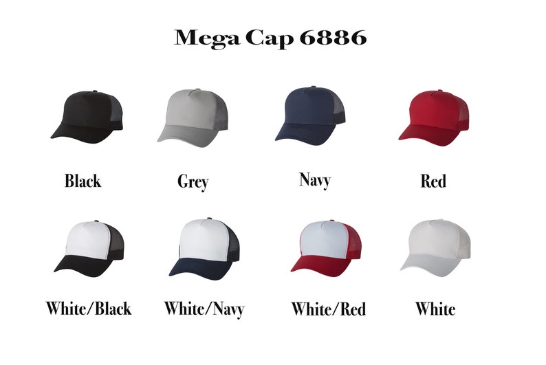 May include: A collection of Mega Cap 6886 baseball caps in eight colour variations: solid black, grey, navy, red, and white, plus white front panels with black, navy, or red brims and mesh backs. Each cap features a structured crown and a curved visor.