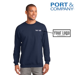 May include: A navy blue sweatshirt with the text "Your Logo" embroidered on the left chest.