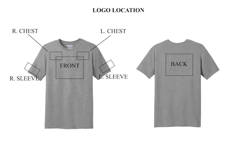 May include: A grey t-shirt shown from the front and back, featuring a diagram labeled LOGO LOCATION. Rectangular boxes indicate placement areas for designs on the R. CHEST, L. CHEST, FRONT, R. SLEEVE, L. SLEEVE, and BACK of the garment.