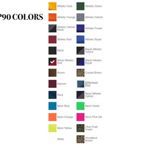 May include: A color chart showing 20 different color options for CP90. The colors include gold, green, orange, purple, red, royal blue, black, brown, maroon, navy, blue, green, pink, yellow, white, and various shades of brown.