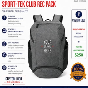May include: A grey heathered backpack featuring a central area for a custom logo, black side pockets, and padded shoulder straps. The backpack includes a top zipper, a front zippered compartment, and a perforated base panel for ventilation.