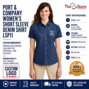 May include: A dark blue short-sleeve denim shirt with an open collar and horn-tone buttons. The shirt features double-needle stitching and is made of 6.5-ounce 100% cotton denim. The text 'YOUR LOGO HERE' is embroidered on the left chest area.