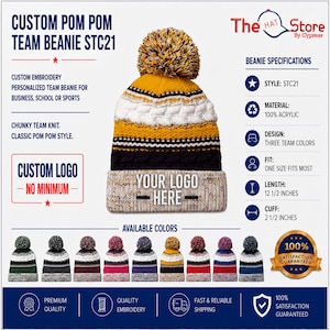 Sport-Tek Pom Pom Team Beanie STC21 Custom Embroidery Monogram Winter Hat Business School Football Personalized