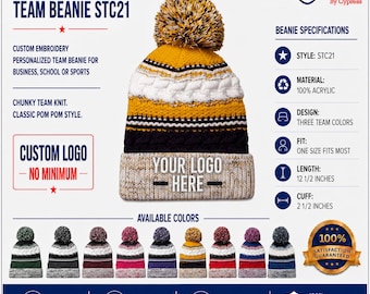 Sport-Tek Pom Pom Team Beanie STC21 Custom Embroidery Monogram Winter Hat Business School Football Personalized