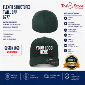 May include: A dark green Flexfit structured twill cap with six panels and a mid-profile design. The front features white embroidered text reading YOUR LOGO HERE with two small red horizontal lines. The cap includes a Flexfit sticker on the brim.