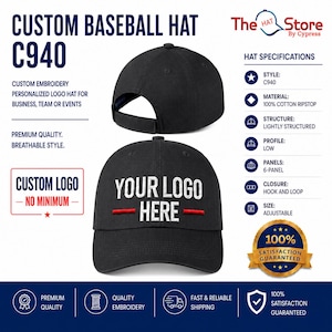May include: A black baseball hat with a six-panel structure and a low profile. The front features white embroidered text that reads YOUR LOGO HERE with a red horizontal line. The back includes an adjustable hook and loop closure strap.