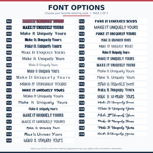 May include: A font options chart titled FONT OPTIONS, PAGE 1 OF 2, displaying 39 distinct black lettering styles labeled F01 through F39. Each line features the phrase Make It Uniquely Yours in a different typeface, ranging from serif to script.