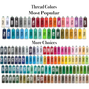 May include: A color chart displaying numerous spools of embroidery thread arranged in rows. The text reads Thread Colors, Most Popular, and More Choices. Each spool is labeled with a unique four-digit identification number and a color name.