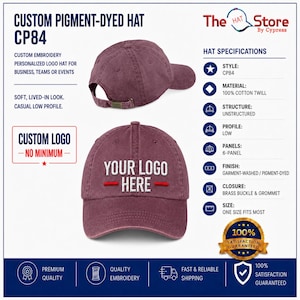 Custom Embroidered Baseball Cap - Port & Company Pigment Dyed Hat - Business Logo Monogram Team Personalized CP84 Custom Hats image 1