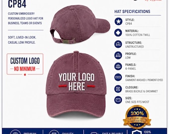 Custom Embroidered Baseball Cap - Port & Company Pigment Dyed Hat - Business Logo Monogram Team Personalized CP84 Custom Hats
