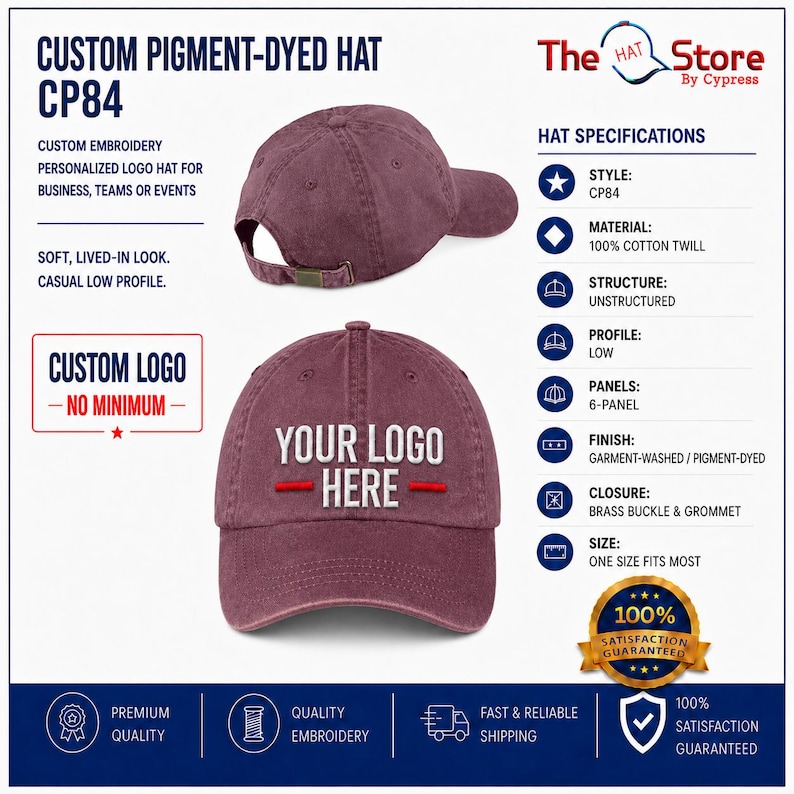 Custom Embroidered Baseball Cap - Port & Company Pigment Dyed Hat - Business Logo Monogram Team Personalized CP84 Custom Hats image 1