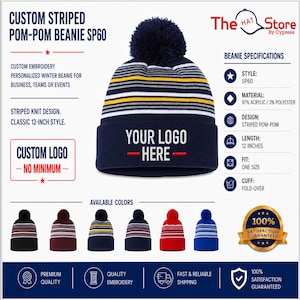 Sportsman - 12" Striped Pom-Pom Knit Beanie - SP60, Custom Beanies, Embroidery Beanies, Monogram Beanies, Business, Teams, Personalized.
