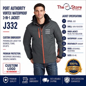 May include: A dark gray Port Authority Vortex waterproof 3-in-1 jacket model J332 with a black inner lining, a detachable hood, and bright orange zipper accents. The jacket features a chest pocket and space for a custom logo on the left chest.