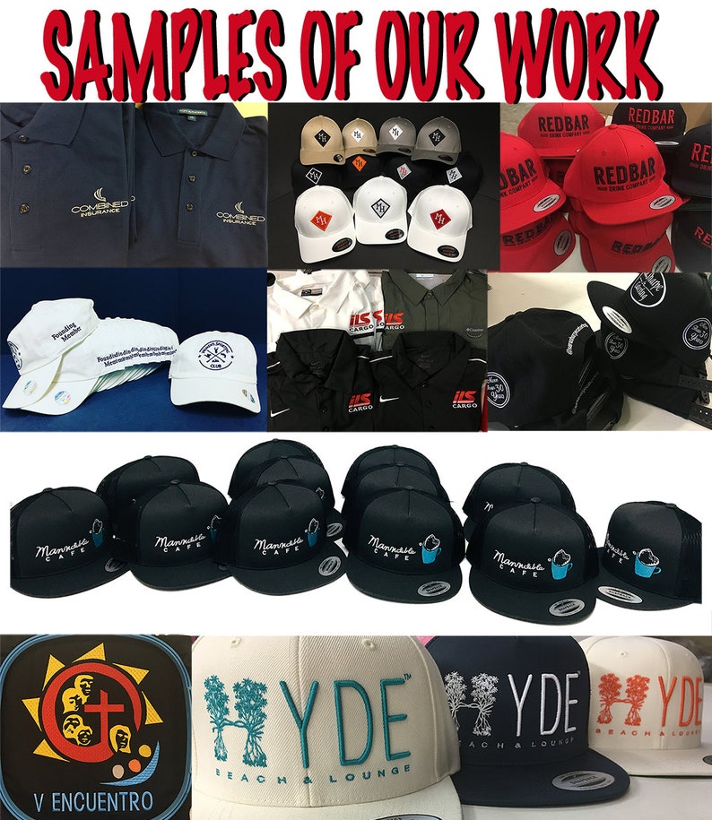 May include: A collage of custom apparel and headwear featuring various embroidered logos and text. The collection includes navy polo shirts, assorted baseball caps in black, white, red, and tan, and snapback hats with diverse graphic designs and branding.