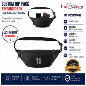 May include: A black Port Authority BG905 hip pack featuring an adjustable strap up to 45 inches, a main compartment, and a back security pocket. The bag is made of 600D polyester canvas with a capacity of 143 cubic inches and dimensions of 4.375H x 12.5W x 2.0625D inches.