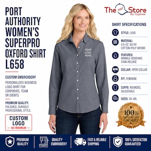 May include: A grey long-sleeve button-down shirt with an open collar, rounded adjustable cuffs, and a placeholder for a custom logo on the chest. The shirt is made of a 4.6-ounce 60/40 cotton/poly oxford fabric that is wrinkle-resistant and stain-release.