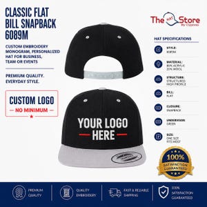 May include: A black snapback hat with a flat gray bill and a gray plastic snap closure. The front features white embroidered text that reads YOUR LOGO HERE with a red horizontal line. The hat has a structured high profile and a green undervisor.