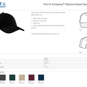 May include: A black Port & Company CP84 pigment-dyed cap with an unstructured low profile, 100% cotton twill fabric, and a self-fabric slide closure with a brass buckle and grommet. Includes technical line drawings and a size chart with imperial measurements.