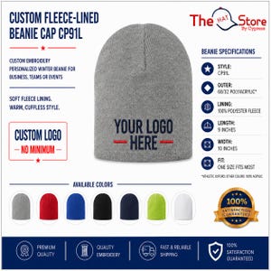 May include: A grey fleece-lined beanie cap with the embroidered text YOUR LOGO HERE in dark blue with red horizontal lines. The beanie features a cuffless design, measures 9 inches in length and 10 inches in width, and is made of poly/acrylic.