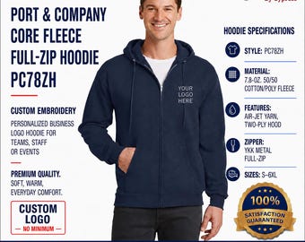 Sudadera con capucha y cremallera completa Port & Company Core Fleece PC78ZH Chaqueta de equipo con bordado personalizado Regalo de empresa personalizado