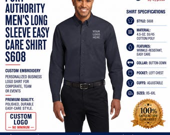 May include: A dark navy blue long-sleeve button-down shirt with a left chest pocket and a button-down collar. The shirt features a placeholder text area for a custom logo on the chest. The fabric is a 128-gram cotton and polyester blend.