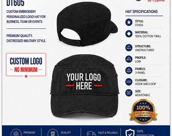 May include: A black distressed military hat with a three-panel unstructured design, a low profile, and an adjustable hook and loop closure. The front features white embroidered text reading YOUR LOGO HERE with red horizontal lines on each side.
