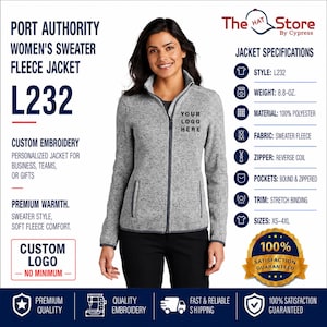 May include: A grey heathered sweater fleece jacket with a full-length front zipper, a stand-up collar, and two zippered pockets. The jacket features the text 'YOUR LOGO HERE' on the chest. Specifications include 8.8-oz weight and 100% polyester material.