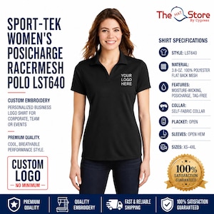 May include: A black short-sleeve polo shirt with an open placket and self-fabric collar. The shirt features moisture-wicking 3.8-ounce 100% polyester flat back mesh fabric. Text on the image includes Sport-Tek Posicharge Racermesh Polo LST640.
