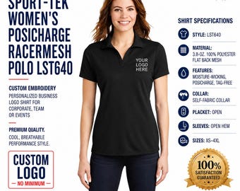 May include: A black short-sleeve polo shirt with an open placket and self-fabric collar. The shirt features moisture-wicking 108g 100% polyester flat back mesh fabric. Text on the image includes Sport-Tek Posicharge Racermesh Polo LST640.