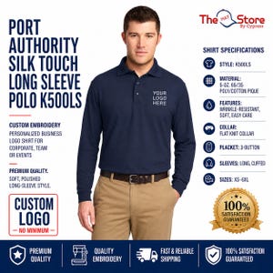 May include: A navy blue long-sleeve polo shirt featuring a flat knit collar, a three-button placket, and cuffed sleeves. The shirt is made of a 5-ounce 65/35 poly/cotton pique fabric. Text on the image includes Port Authority Silk Touch Long Sleeve Polo K500LS, Shirt Specifications, and Custom Logo.