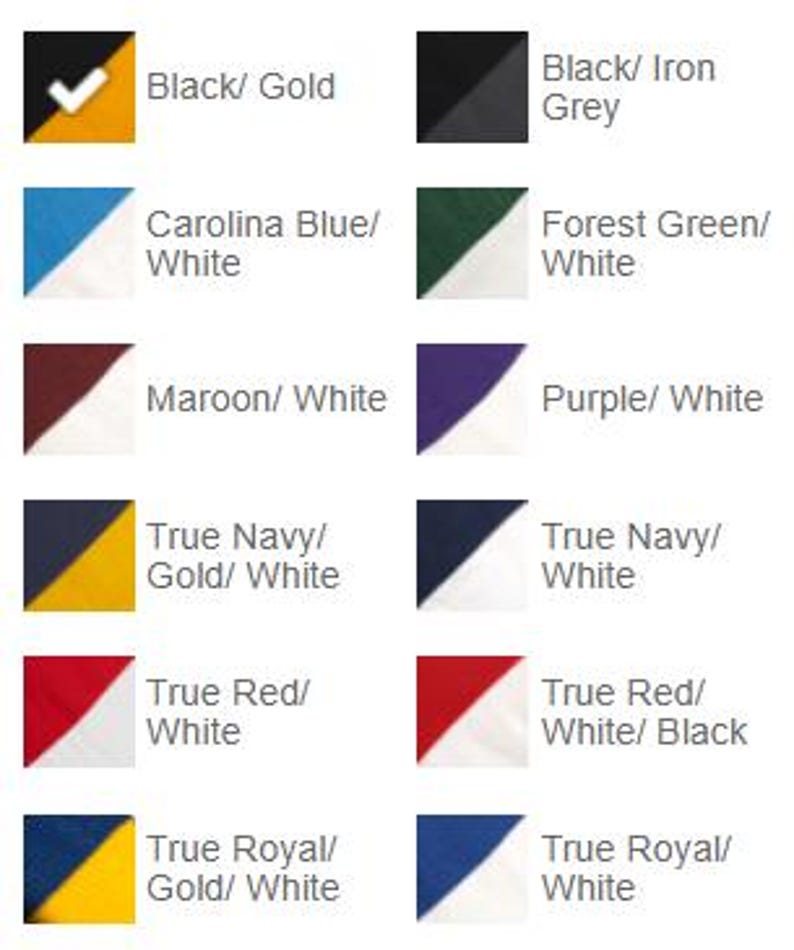 May include: A color selection chart featuring twelve square swatches displaying various two and three-tone color combinations including Black/Gold, Black/Iron Grey, Carolina Blue/White, Forest Green/White, Maroon/White, Purple/White, True Navy/Gold/White, True Navy/White, True Red/White, True Red/White/Black, True Royal/Gold/White, and True Royal/White.