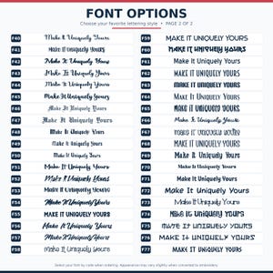 May include: A chart titled FONT OPTIONS, PAGE 2 OF 2, displaying a list of numbered font styles from F40 to F77. Each entry shows the phrase Make It Uniquely Yours in a distinct typeface, ranging from cursive and serif to block and decorative styles.