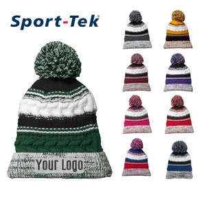 Sport-Tek® Pom Pom Team Beanie  STC21, Custom Beanies, Embroidery Beanies, Monogram Beanies, Business, Teams, Personalized.