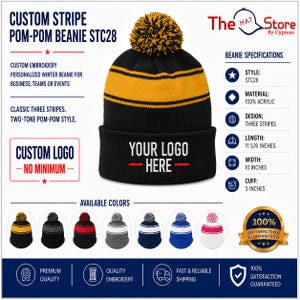 Sport-Tek® Stripe Pom Pom Beanie  STC28, Custom Beanies, Embroidery Beanies, Monogram Beanies, Business, Teams, Personalized.