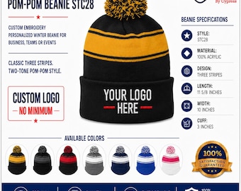 Sport-Tek® Stripe Pom Pom Beanie  STC28, Custom Beanies, Embroidery Beanies, Monogram Beanies, Business, Teams, Personalized.