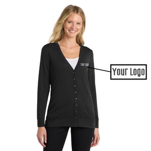 May include: A black cardigan with a V-neck and long sleeves. The cardigan has a button-up front and a small logo on the chest. The text "Your Logo" is in a black rectangle.