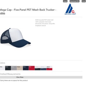 May include: A five-panel trucker cap featuring a solid white front panel, a navy blue brim, and a navy blue polyester mesh back. The structured mid-profile hat includes a snapback closure and is constructed from a blend of recycled PET and cotton twill.