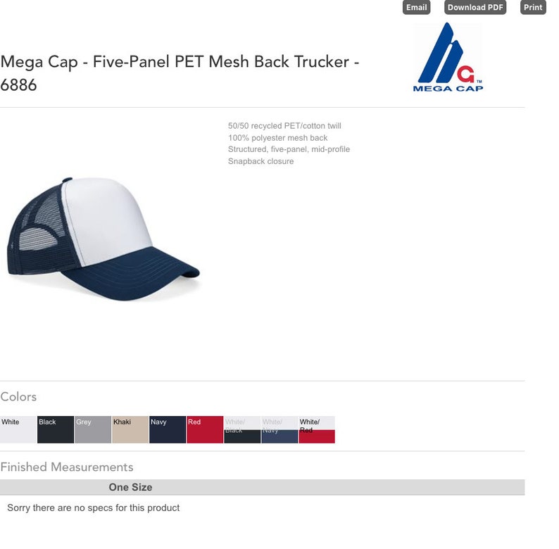 May include: A five-panel trucker cap featuring a solid white front panel, a navy blue brim, and a navy blue polyester mesh back. The structured mid-profile hat includes a snapback closure and is constructed from a blend of recycled PET and cotton twill.